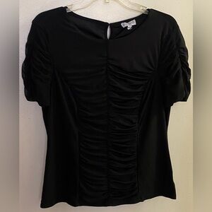 Luxology Women’s Black Ruched Shirred Front Blouse Shirt L Large Bust 38” 40”